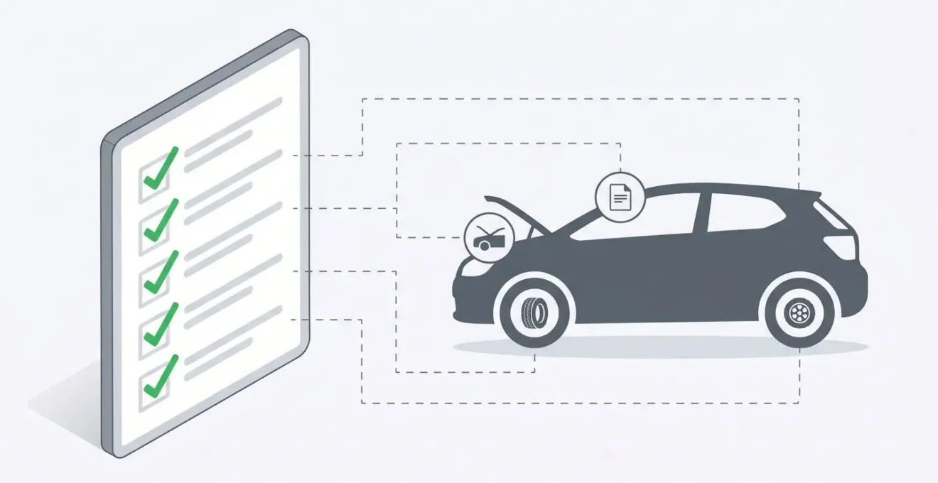 Illustration 3D isométrique d'une checklist d'inspection automobile avec cases cochées reliées à une silhouette de voiture, représentant une vérification méthodique
