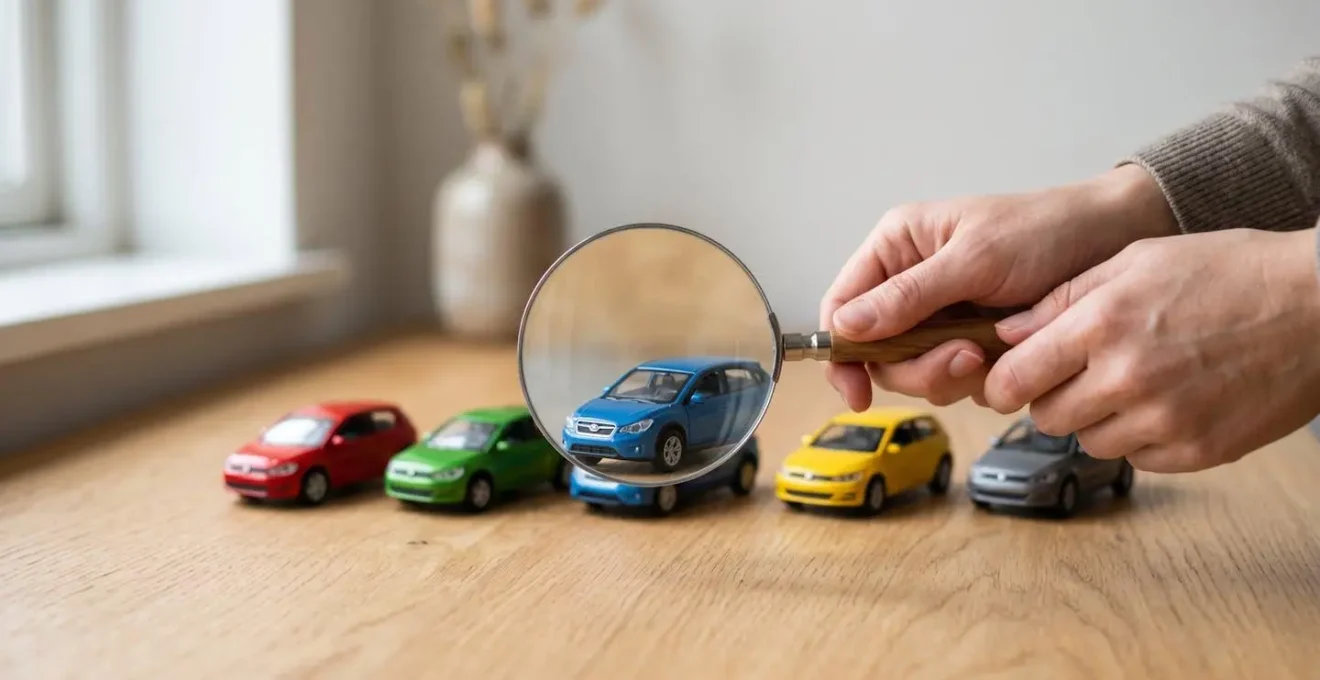 Loupe examinant une miniature de voiture bleue parmi plusieurs autres voitures miniatures alignées sur une table en bois, symbolisant le choix méticuleux d'un véhicule d'occasion