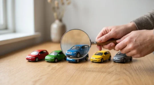 Loupe examinant une miniature de voiture bleue parmi plusieurs autres voitures miniatures alignées sur une table en bois, symbolisant le choix méticuleux d'un véhicule d'occasion