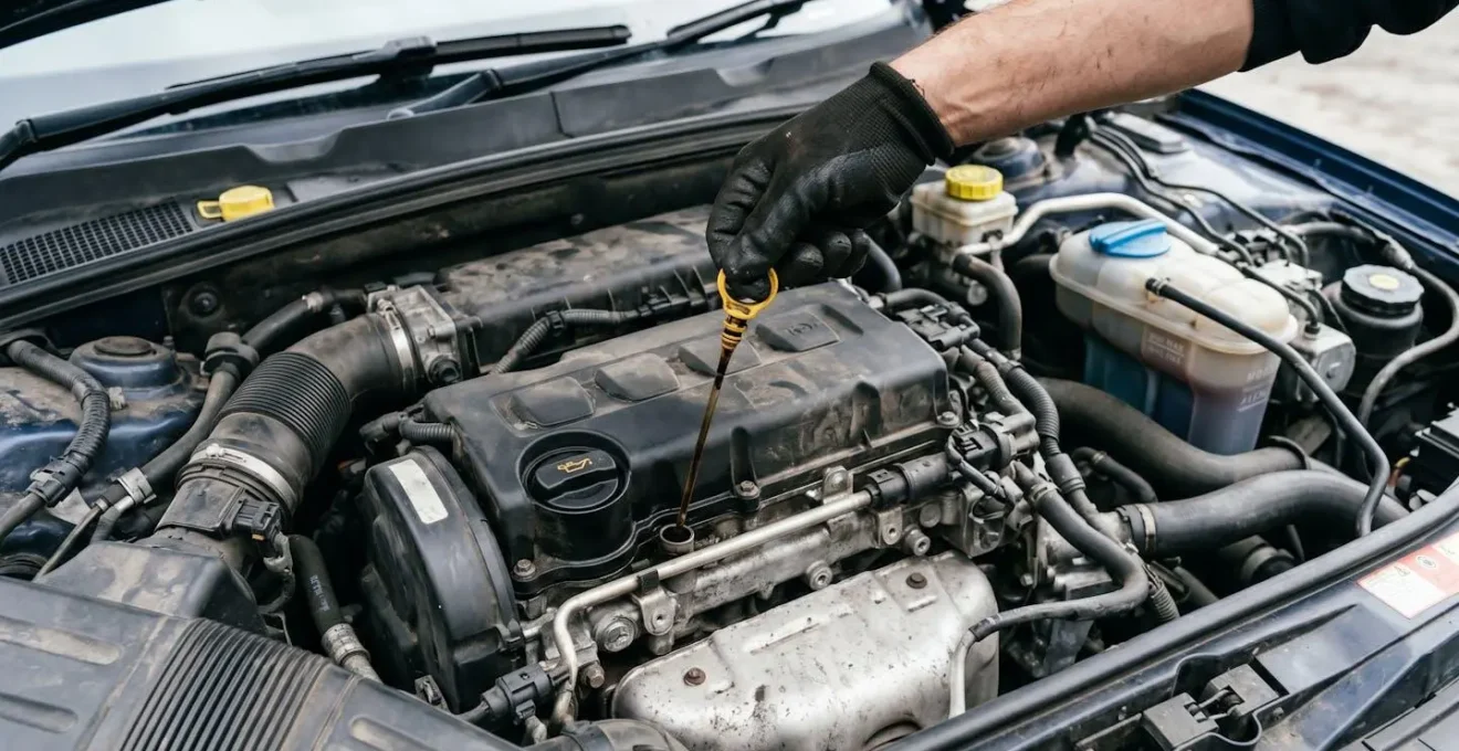 Main gantée vérifiant le niveau d'huile dans le compartiment moteur d'une voiture d'occasion, capot ouvert, lors d'une inspection technique